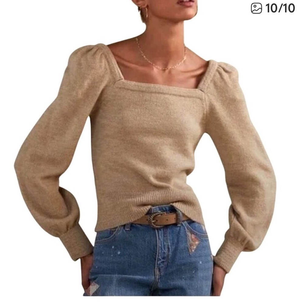 Anthropologie Cream square neck Sweater balloon sleeves S